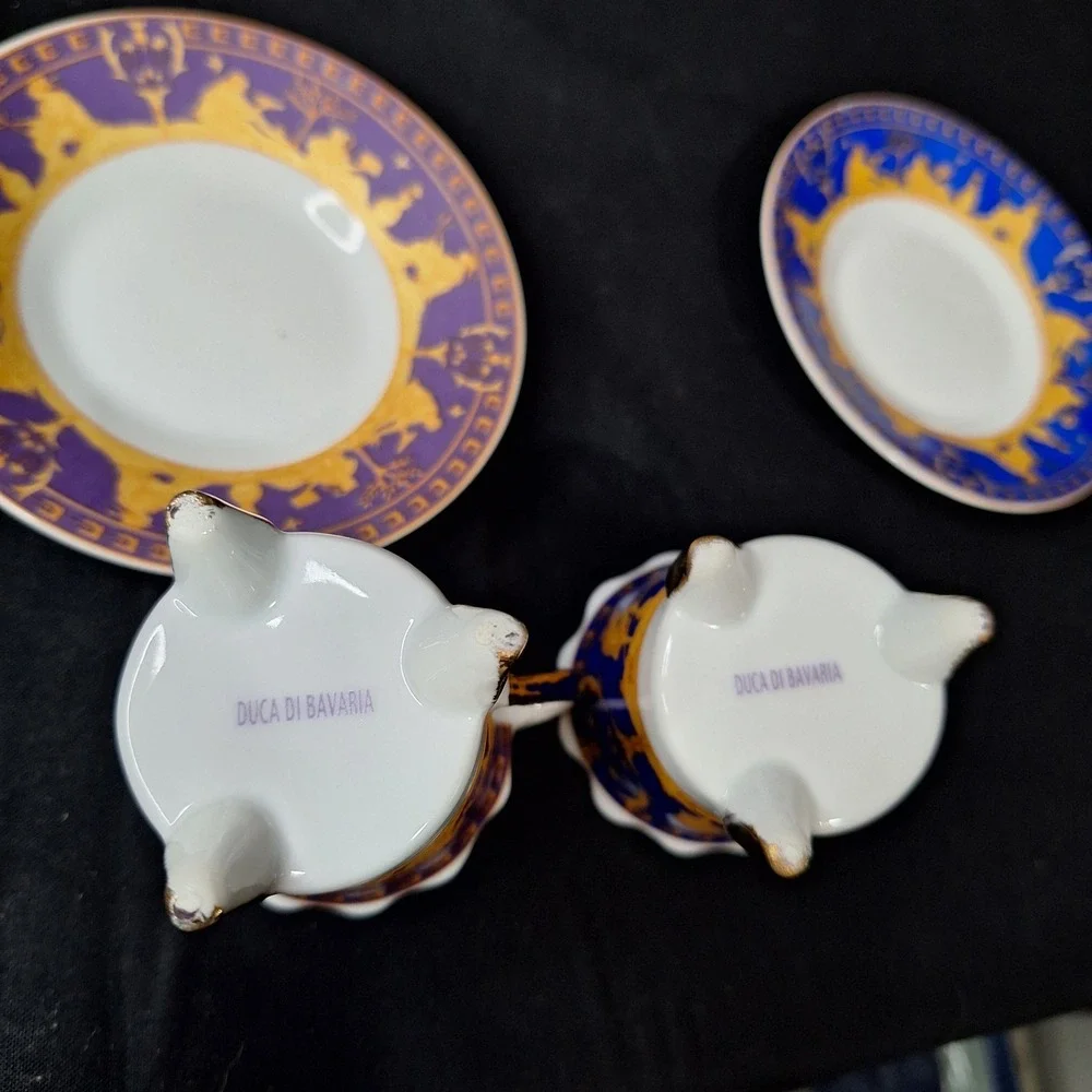 1940s Duca Di Bavaria Espresso Cup Saucer Set 4 Colors Greek Mythology Gold Trim